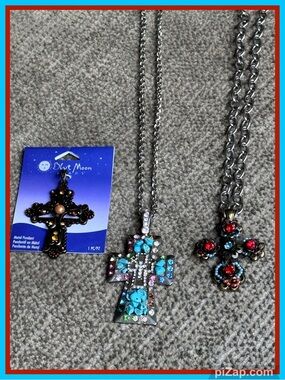 🩵Multicolor Cross Boho Pendant/Necklace - Turquoise, Red & Silver ~ Set of 3